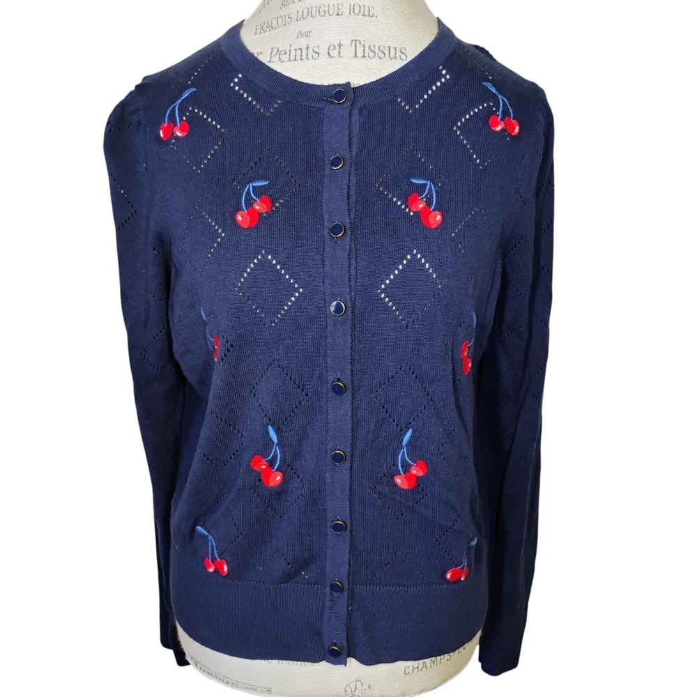 Charter Club Cherry Embroidered Cardigan Sweater Navy Blue Womens Large Twee - Picture 1 of 11